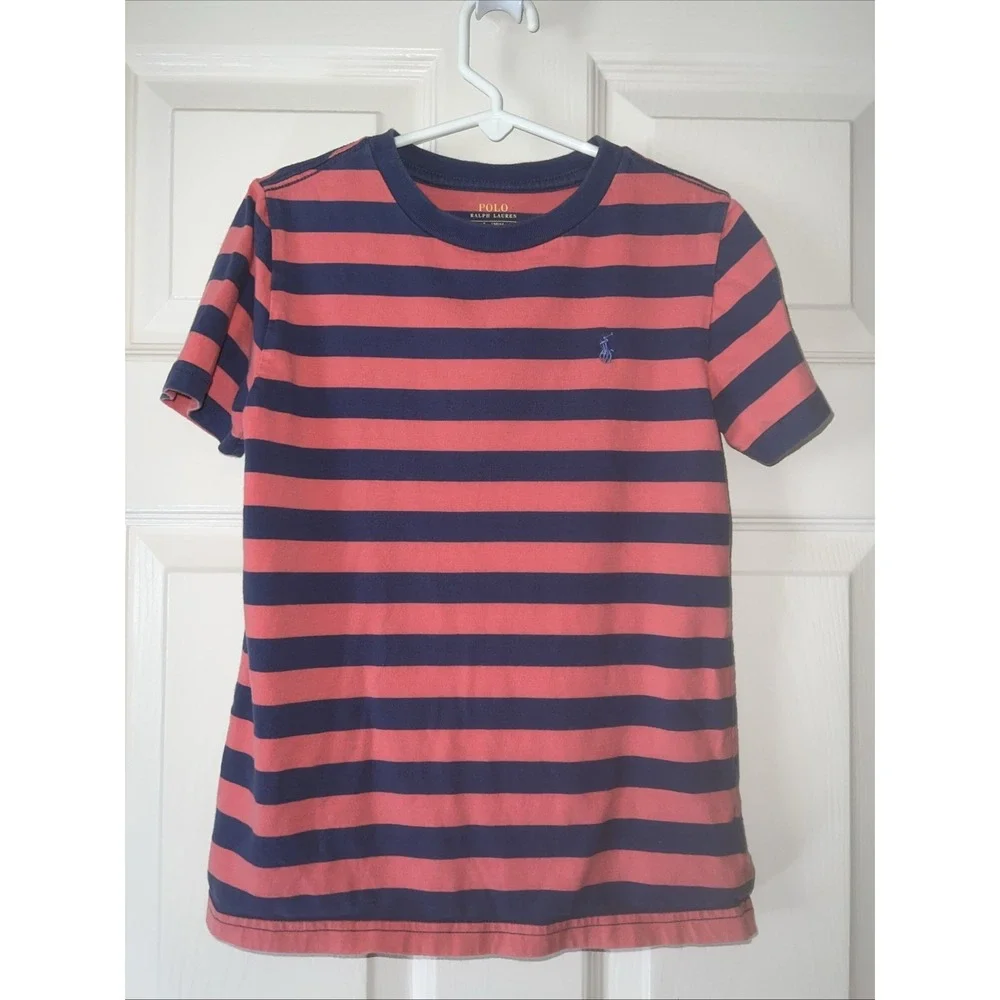 Polo Ralph Lauren Boys size 7 Coral  Blue Stripe Short Sleeve Back To School